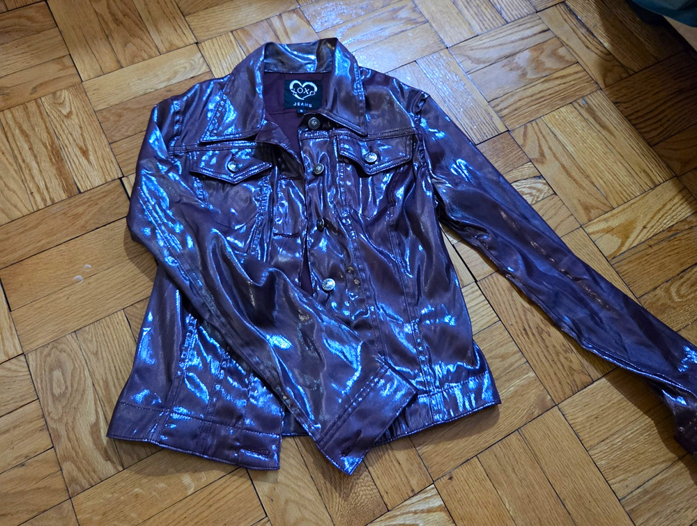 XOXO Y2k Jeans Purple Reflective Collared Button Front Jacket Long Sleeve Sz S
